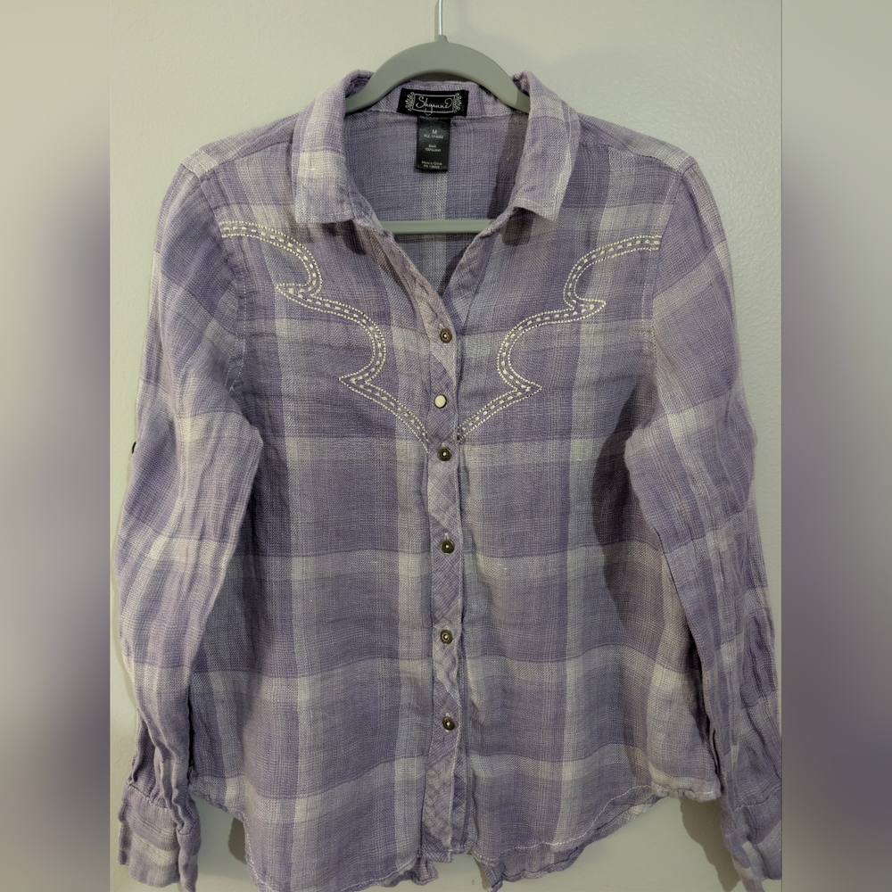 Women's Vtg Shyanne Western Leavender Checkered Button-Up Embroidered Yolk